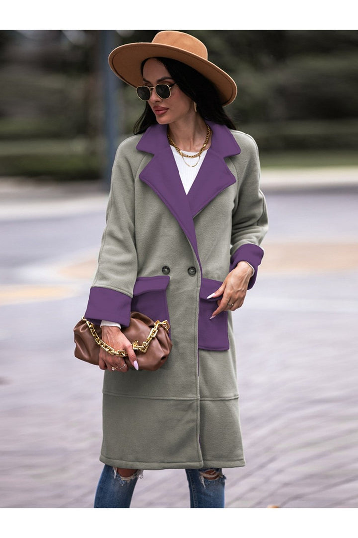 Contrast Lapel Collar Coat with Pockets - Jackets - FITGGINS