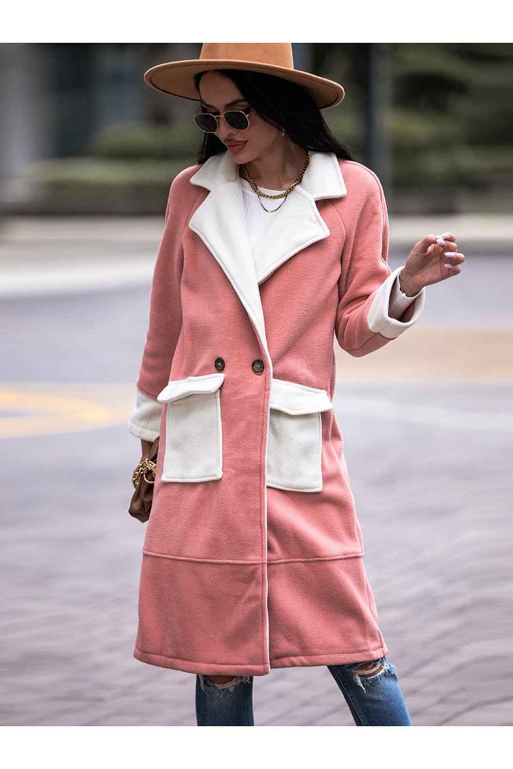 Contrast Lapel Collar Coat with Pockets - Jackets - FITGGINS