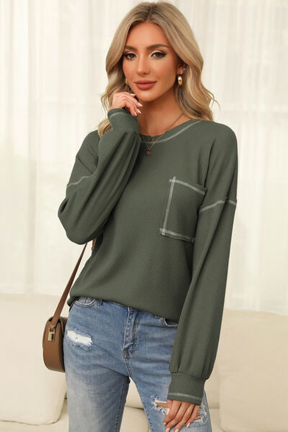 Contrast Stitching Waffle-Knit Round Neck Blouse - Blouses - FITGGINS