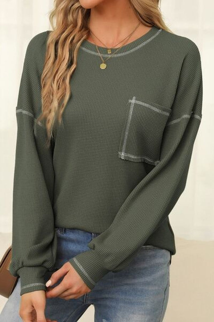 Contrast Stitching Waffle-Knit Round Neck Blouse - Blouses - FITGGINS