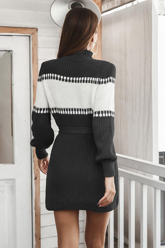 Contrast Tie Front Long Sleeve Sweater Dress - Sweater Dresses - FITGGINS