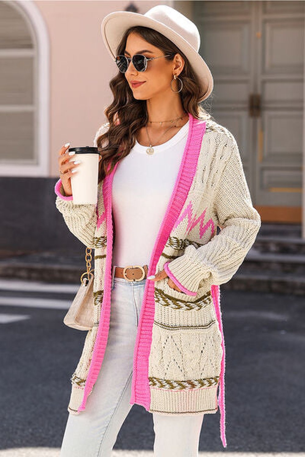 Contrast Tied Open Front Cardigan - Cardigans - FITGGINS