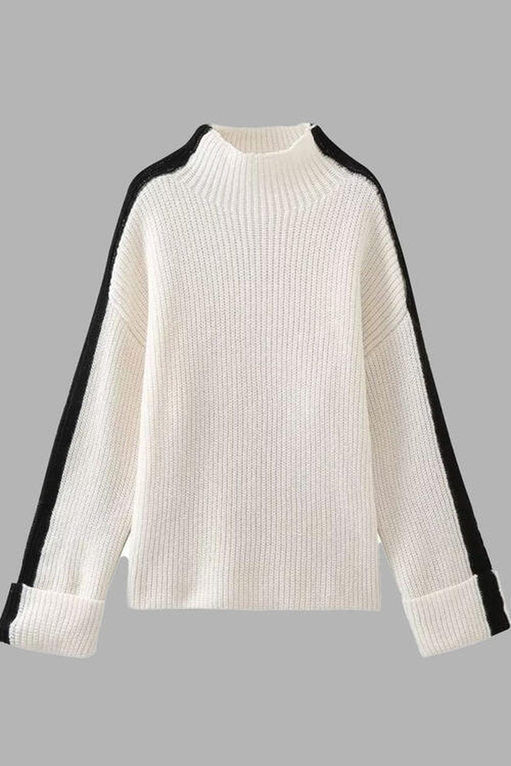 Contrast Turtleneck Long Sleeve Sweater - Pullover Sweaters - FITGGINS