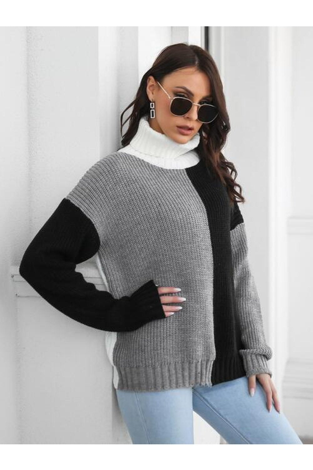 Contrast Turtleneck Long Sleeve Sweater - Pullover Sweaters - FITGGINS