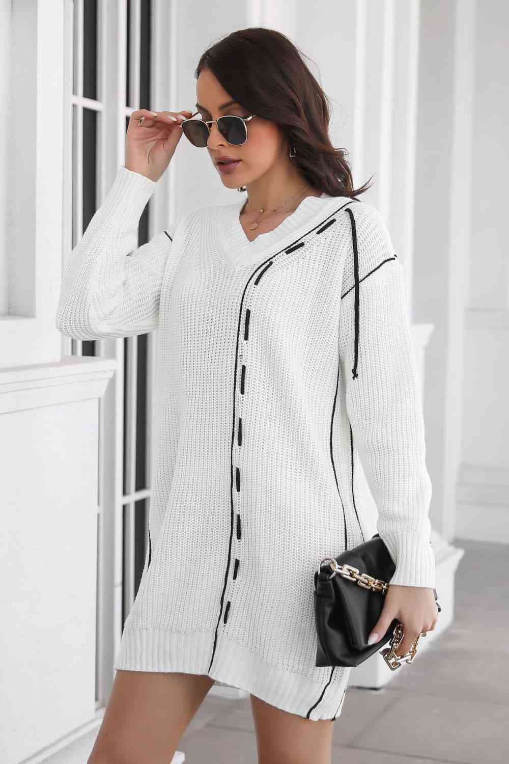 Contrast V-Neck Sweater Dress - Sweater Dresses - FITGGINS