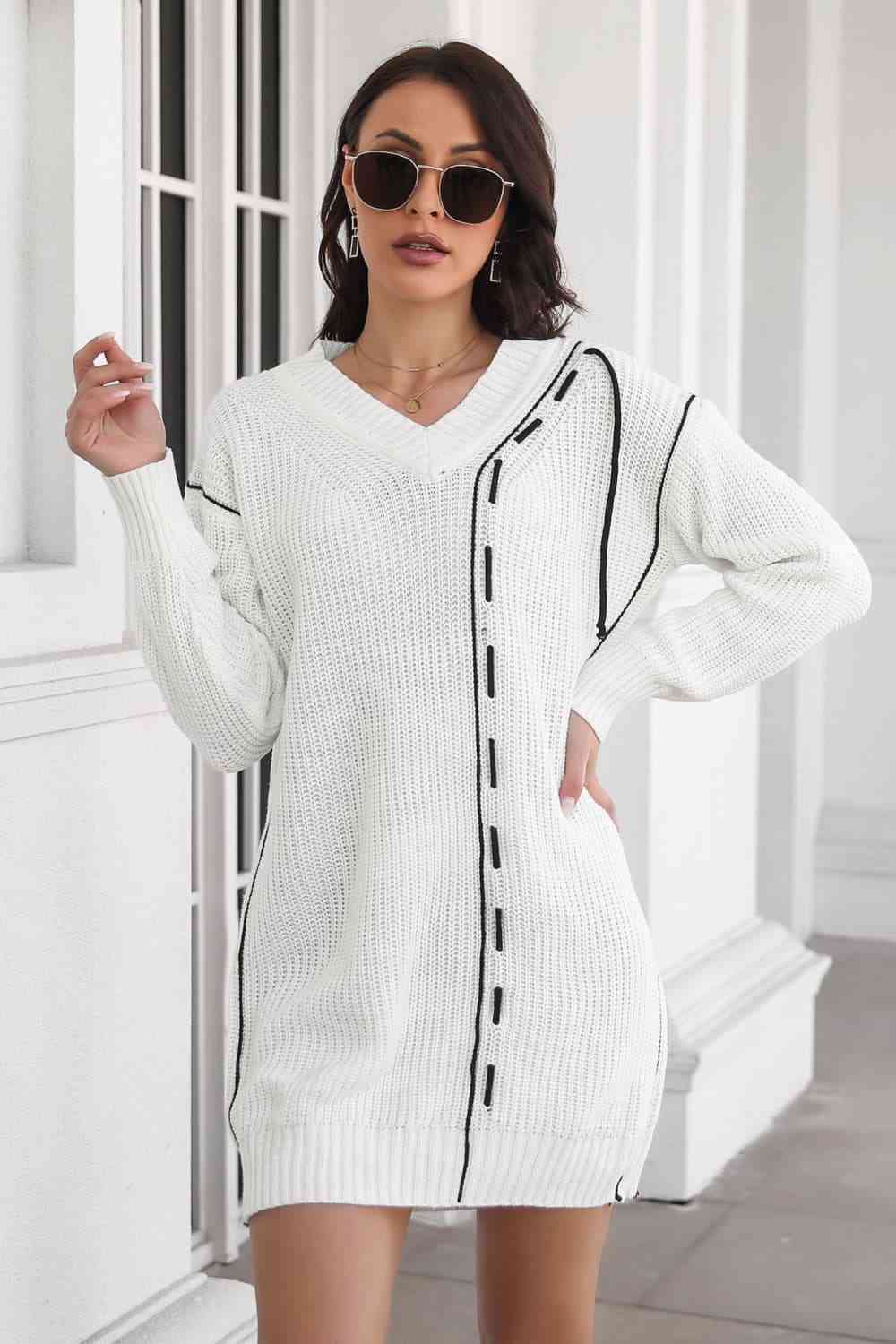 Contrast V-Neck Sweater Dress - Sweater Dresses - FITGGINS