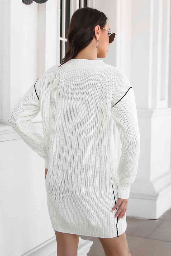Contrast V-Neck Sweater Dress - Sweater Dresses - FITGGINS