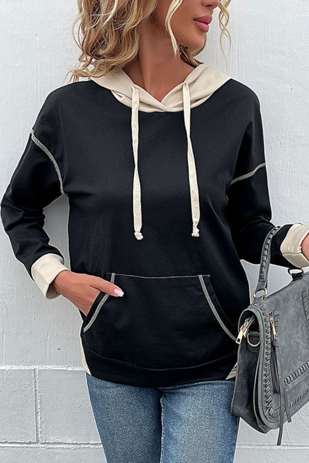 Contrast Drawstring Detail Drop Shoulder Hoodie - Sweatshirts & Hoodies - FITGGINS