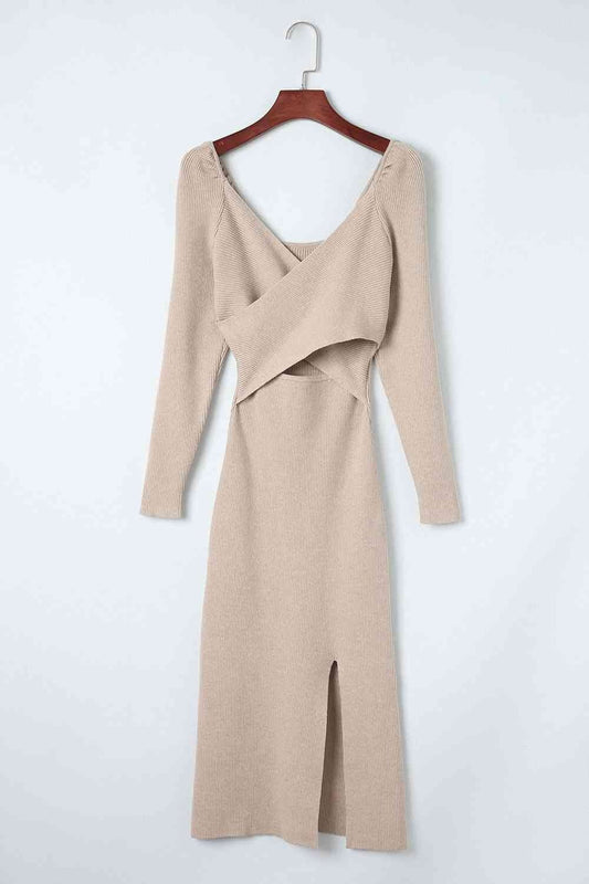 Crisscross Long Sleeve Slit Sweater Dress - Sweater Dresses - FITGGINS