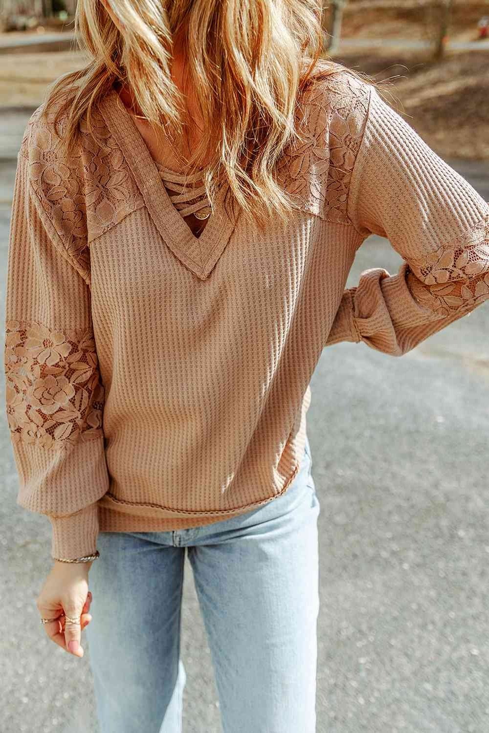 Crisscross V-Neck Waffle-Knit Top - Blouses - FITGGINS