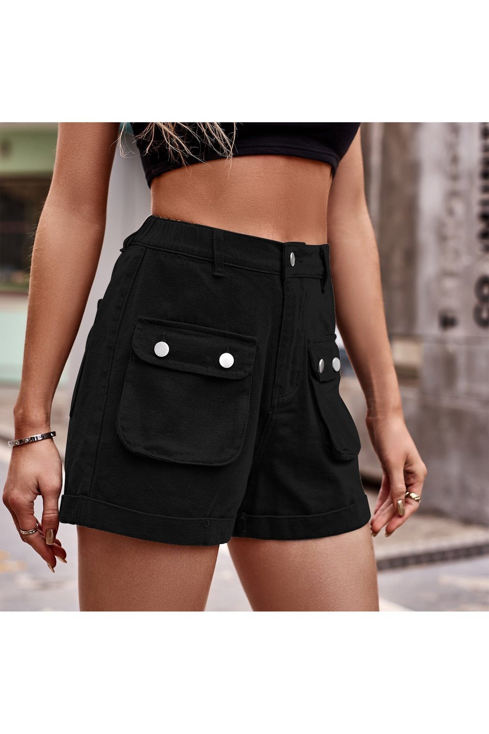 Cuffed Denim Shorts with Pockets - Denim Shorts - FITGGINS