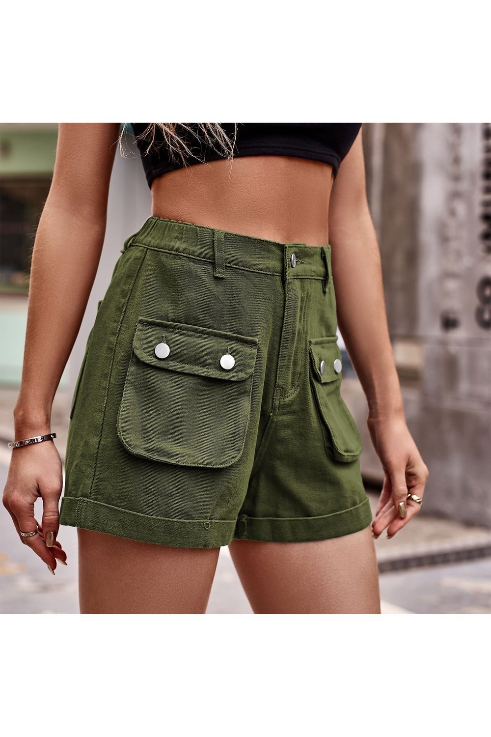 Cuffed Denim Shorts with Pockets - Denim Shorts - FITGGINS