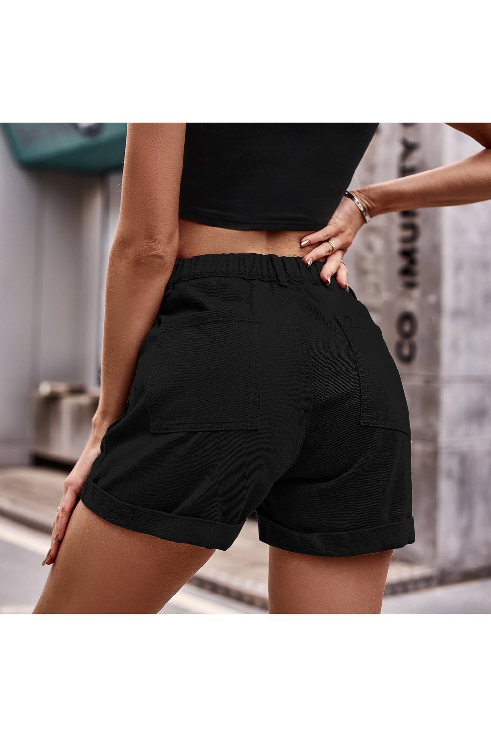 Cuffed Denim Shorts with Pockets - Denim Shorts - FITGGINS