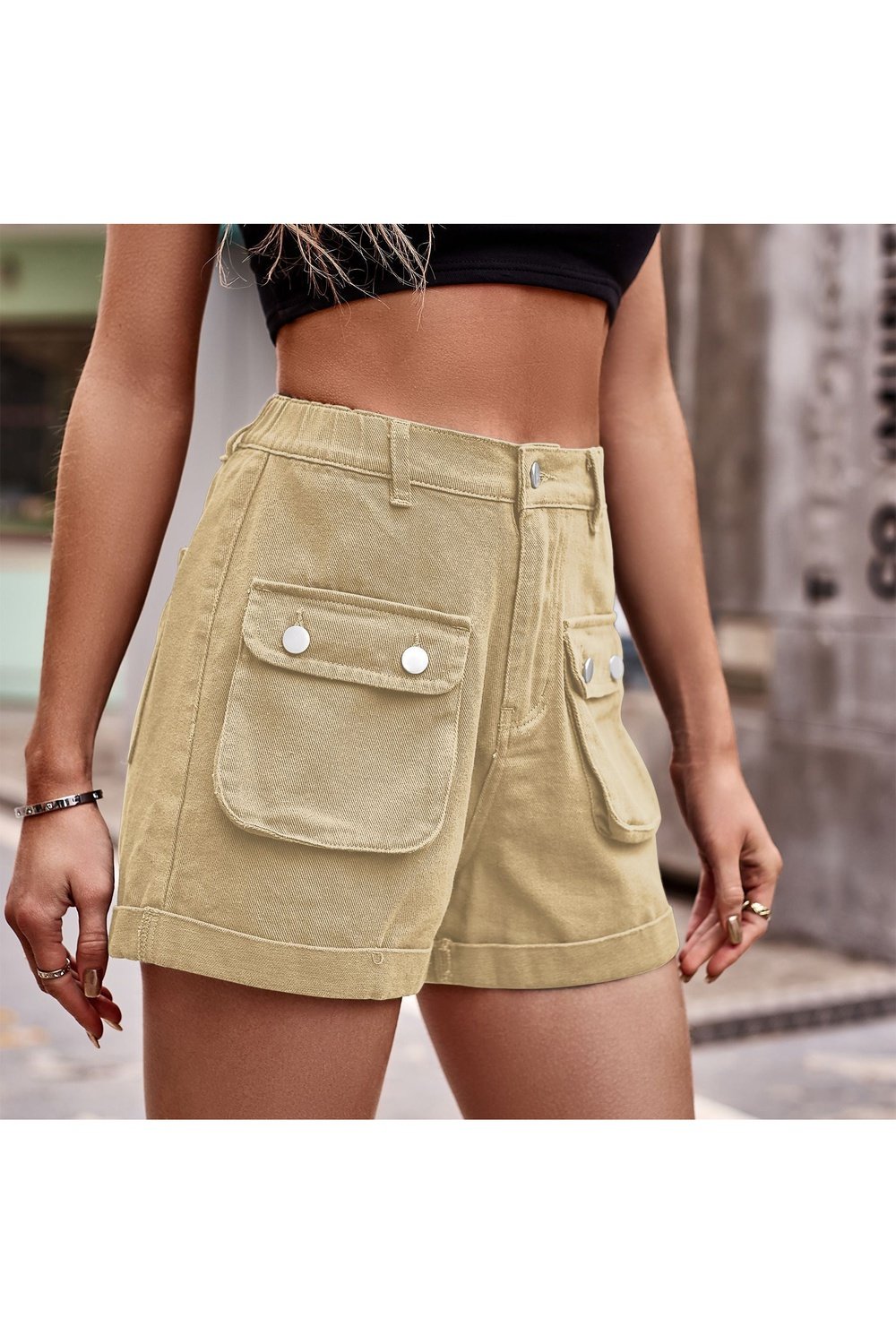 Cuffed Denim Shorts with Pockets - Denim Shorts - FITGGINS