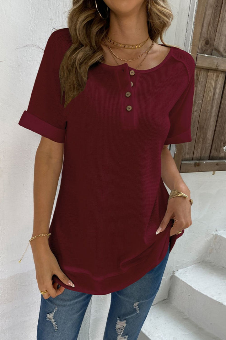 Cuffed Sleeve Henley Top - T-Shirts - FITGGINS