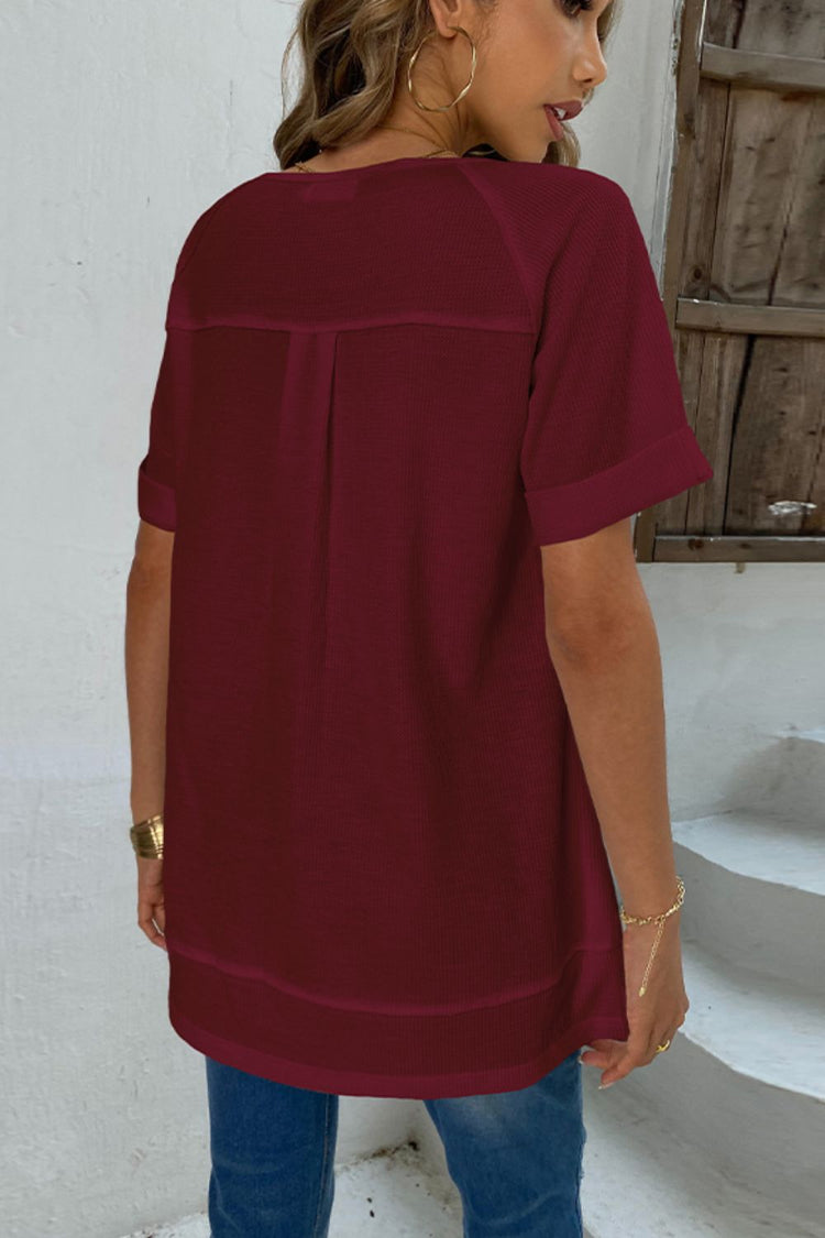 Cuffed Sleeve Henley Top - T-Shirts - FITGGINS