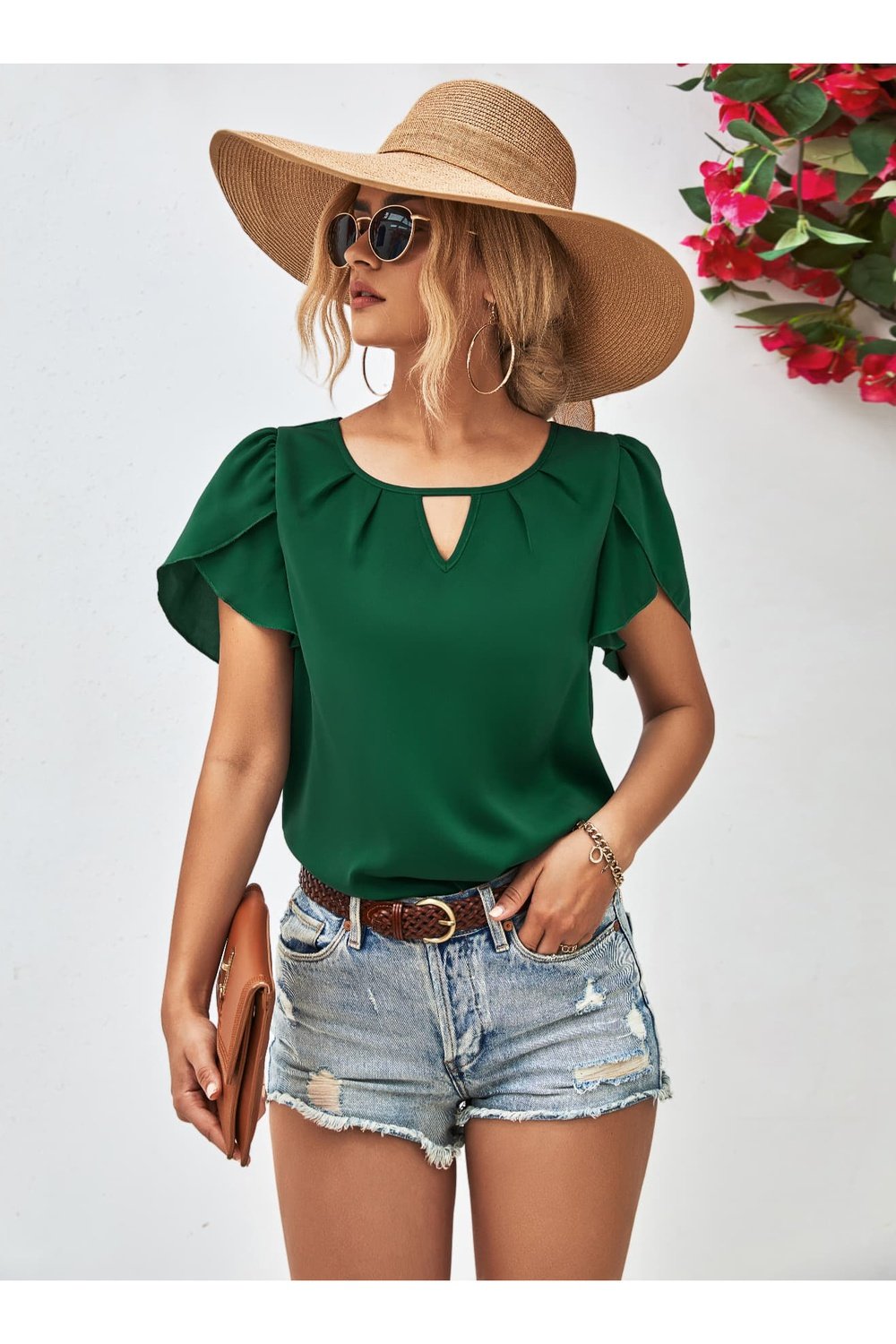 Cutout Round Neck Petal Sleeve Blouse - Blouses - FITGGINS