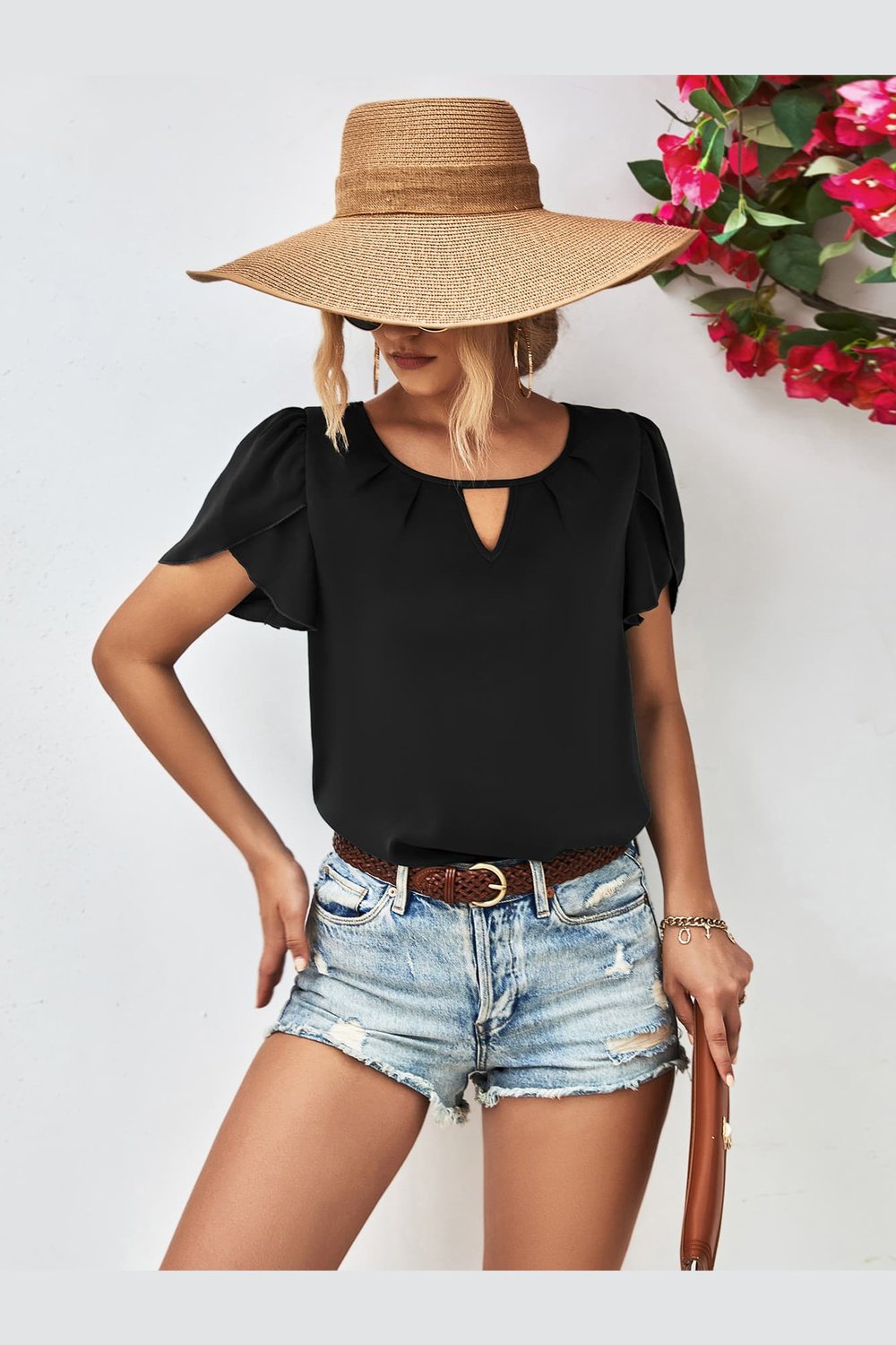 Cutout Round Neck Petal Sleeve Blouse - Blouses - FITGGINS