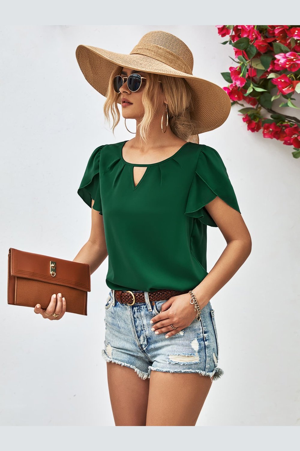 Cutout Round Neck Petal Sleeve Blouse - Blouses - FITGGINS