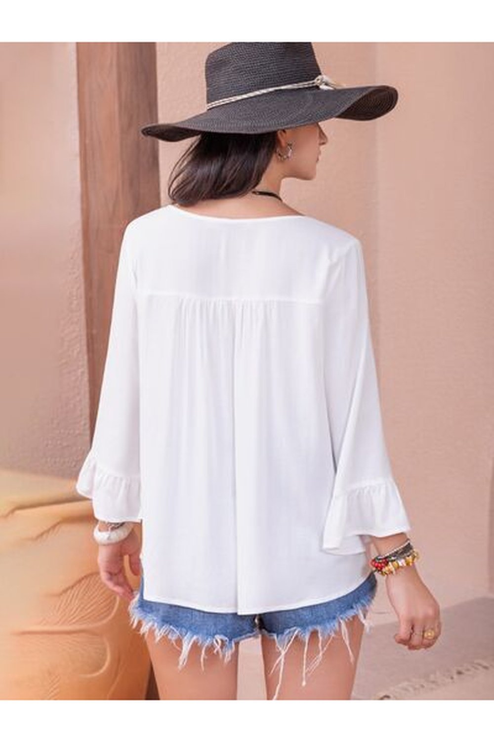 Cutout V-Neck Flounce Sleeve Blouse - Blouses - FITGGINS