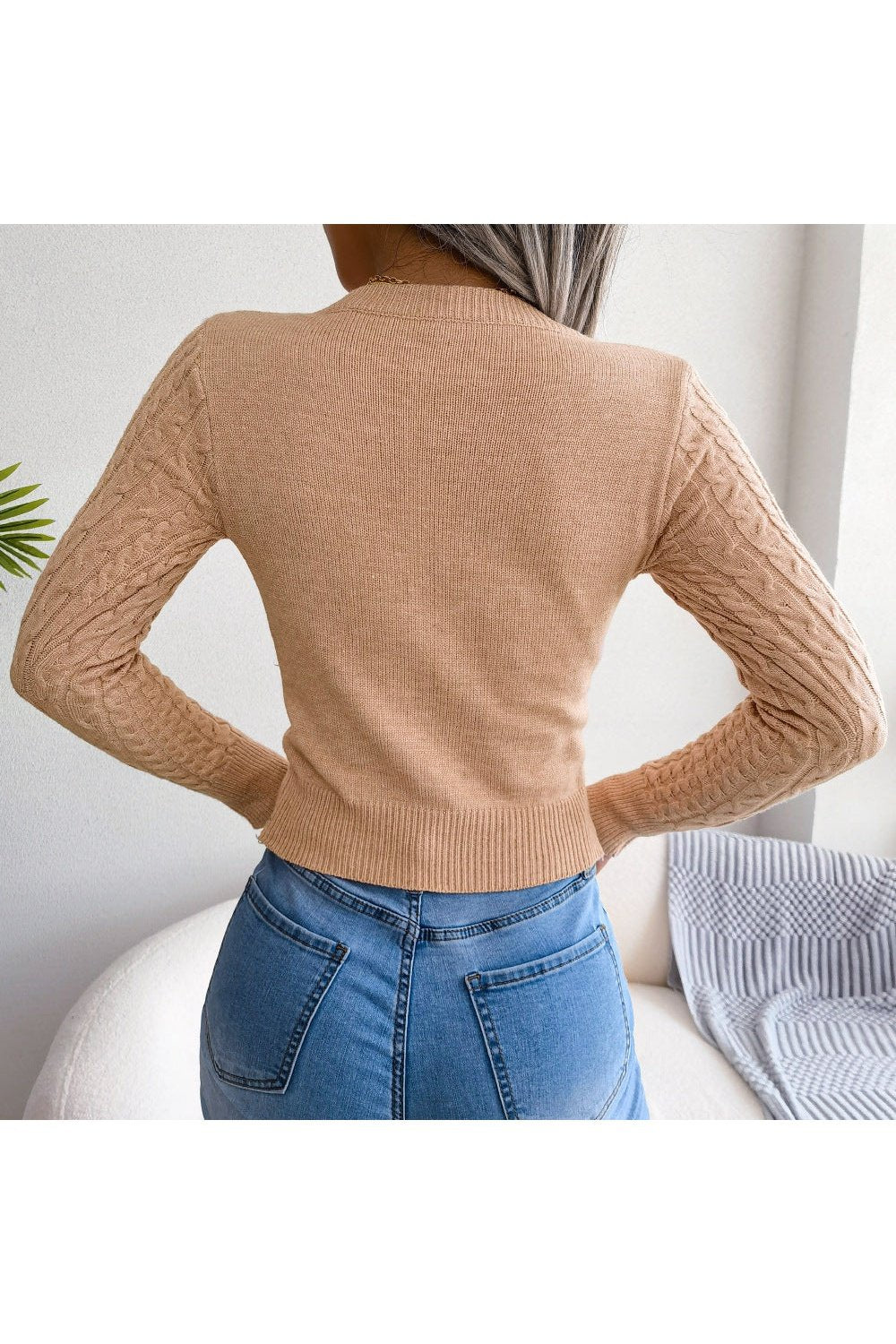 Cutout Cable-Knit Round Neck Sweater - Pullover Sweaters - FITGGINS