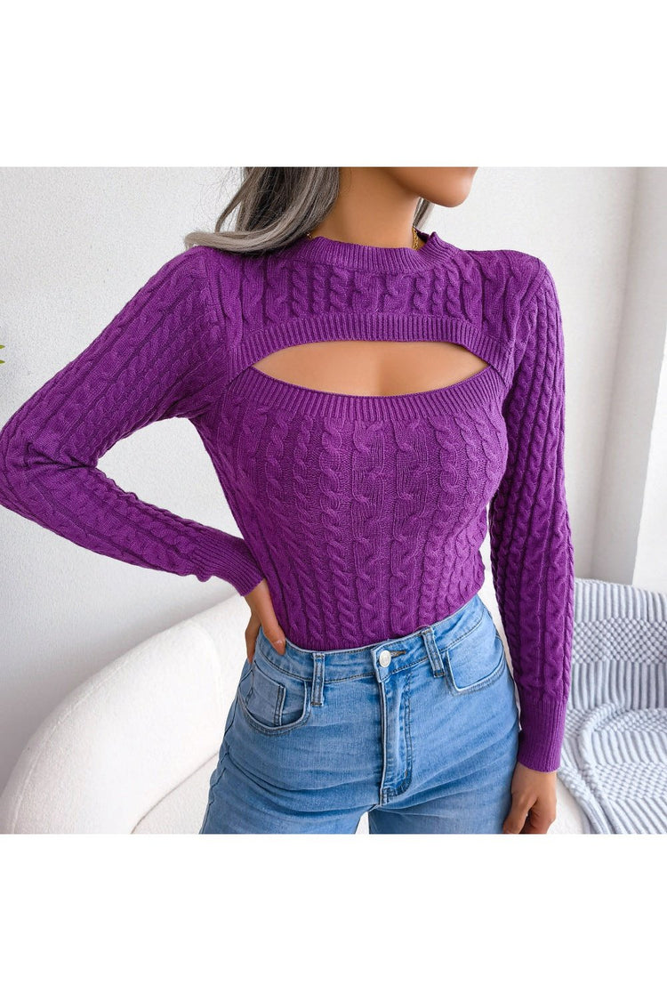 Cutout Cable-Knit Round Neck Sweater - Pullover Sweaters - FITGGINS