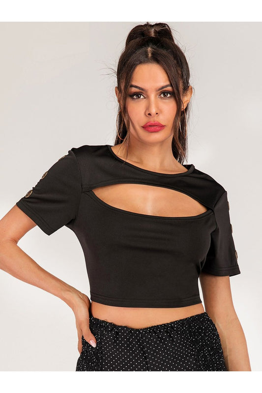 Cutout Grommet Detail Cropped Tee Fitggins