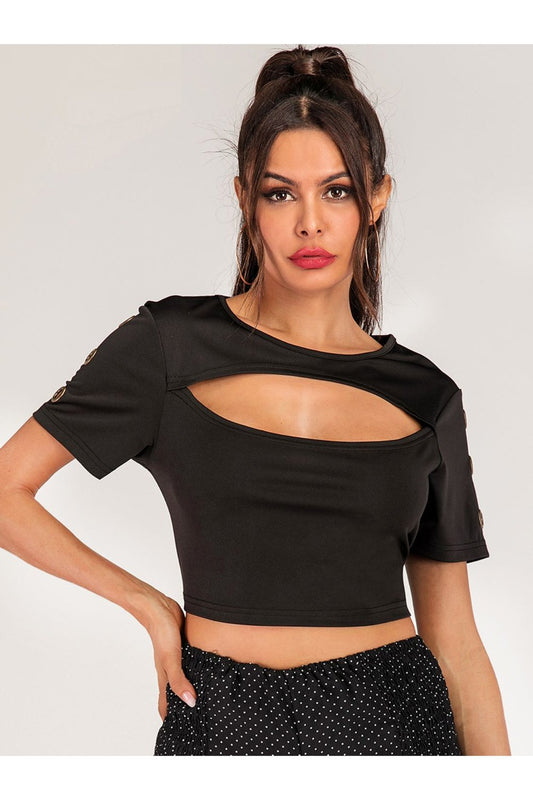 Cutout Grommet Detail Cropped Tee - T-Shirts - FITGGINS