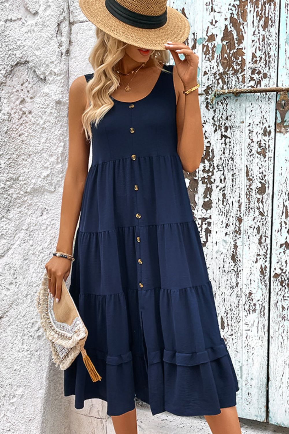 Decorative Button Scoop Neck Tiered Sleeveless Dress - Casual & Maxi Dresses - FITGGINS