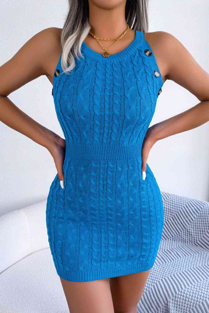 Decorative Button Sleeveless Cable-Knit Dress - Sweater Dresses - FITGGINS