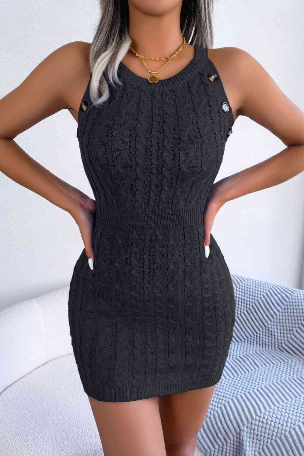 Decorative Button Sleeveless Cable-Knit Dress - Sweater Dresses - FITGGINS