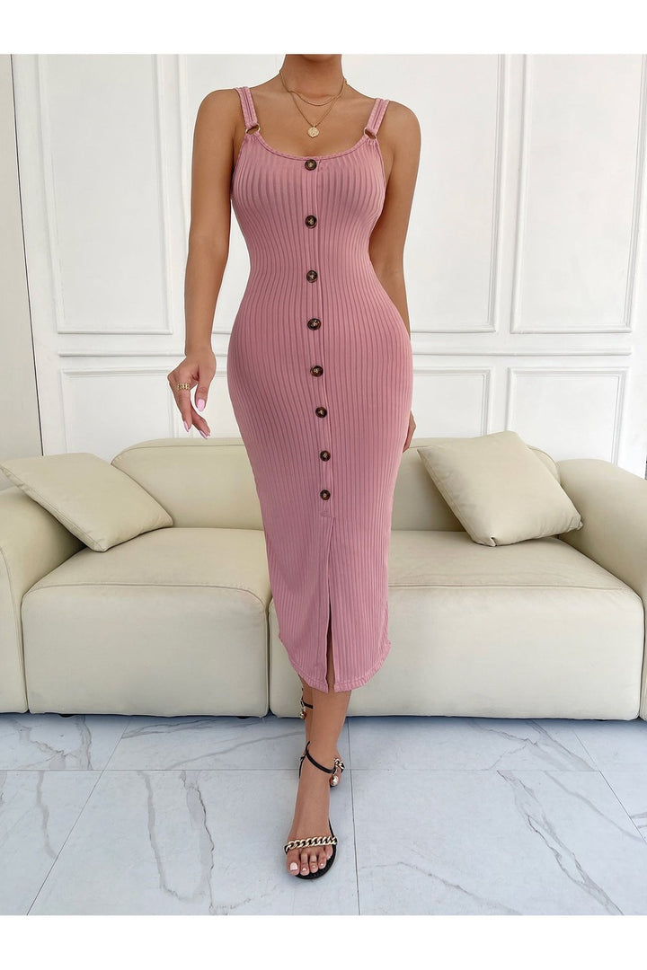 Decorative Button Slit Scoop Neck Sleeveless Dress - Casual & Maxi Dresses - FITGGINS