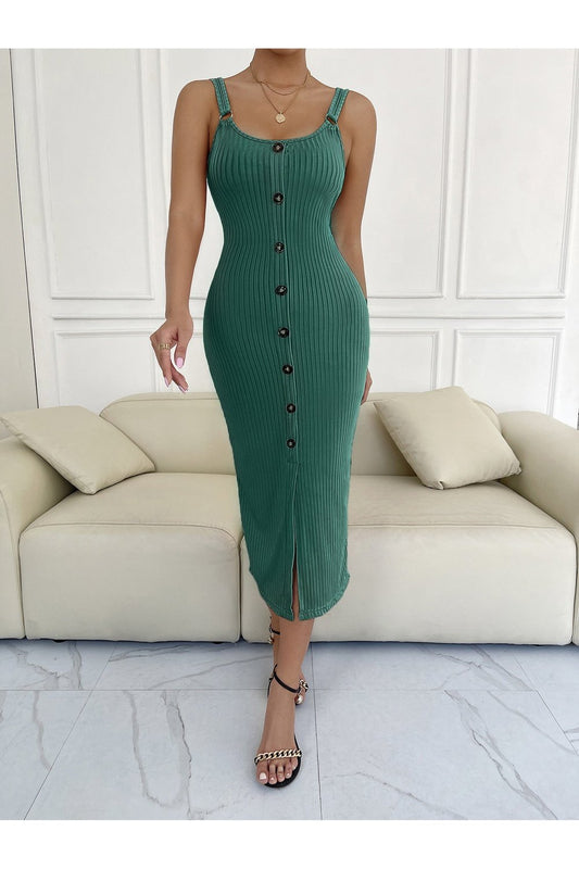 Decorative Button Slit Scoop Neck Sleeveless Dress - Casual & Maxi Dresses - FITGGINS