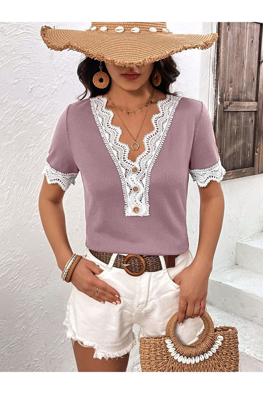 Lace Detail Button-Up Short Sleeve Top Lilac Fitggins