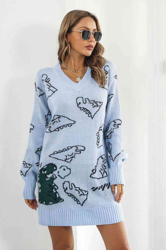 Dinosaur Pattern V-Neck Sweater Dress - Sweater Dresses - FITGGINS