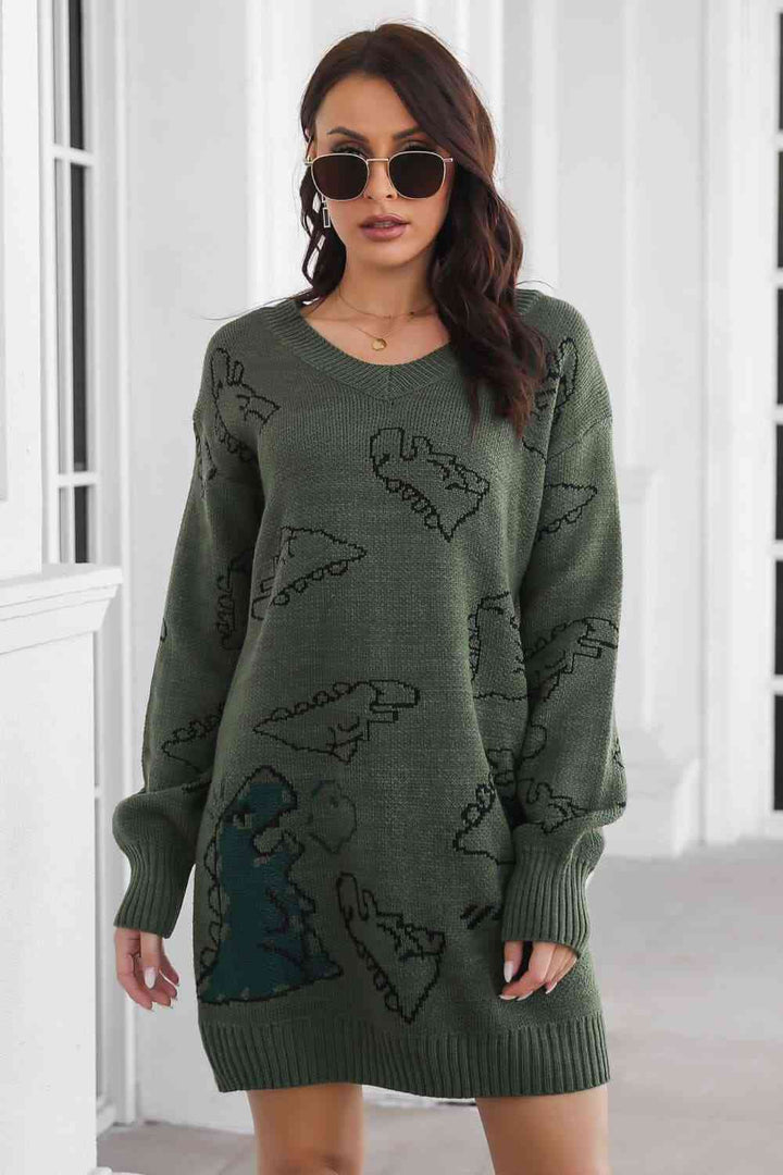 Dinosaur Pattern V-Neck Sweater Dress - Sweater Dresses - FITGGINS
