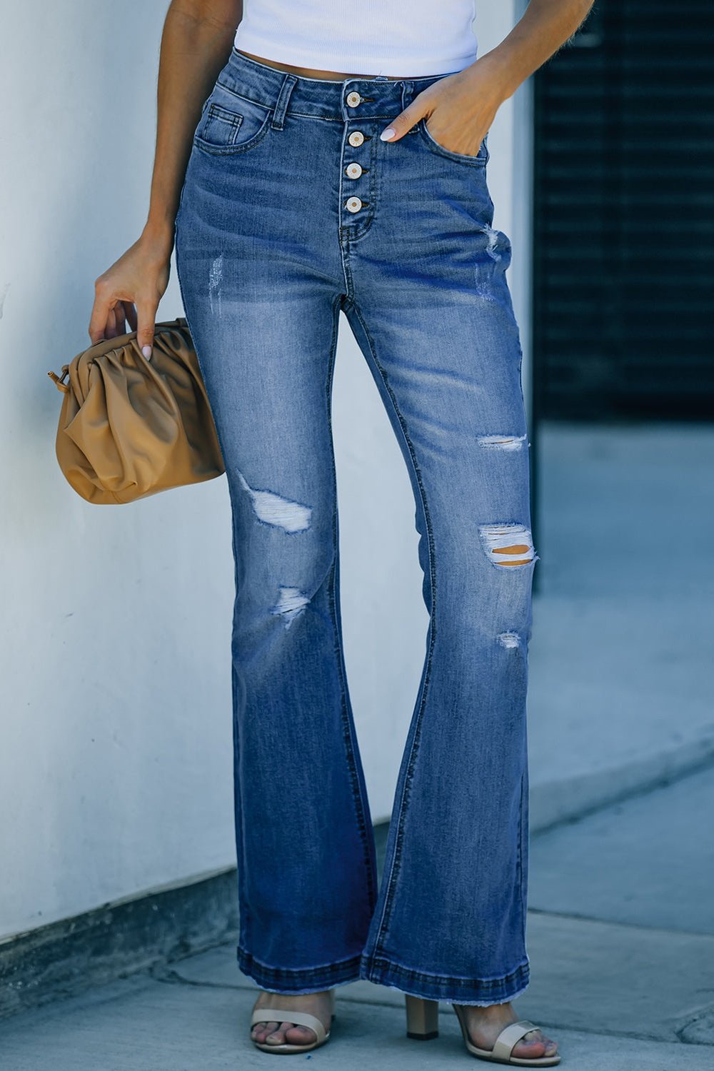 Distressed Button-Fly Flare Jeans - Jeans - FITGGINS