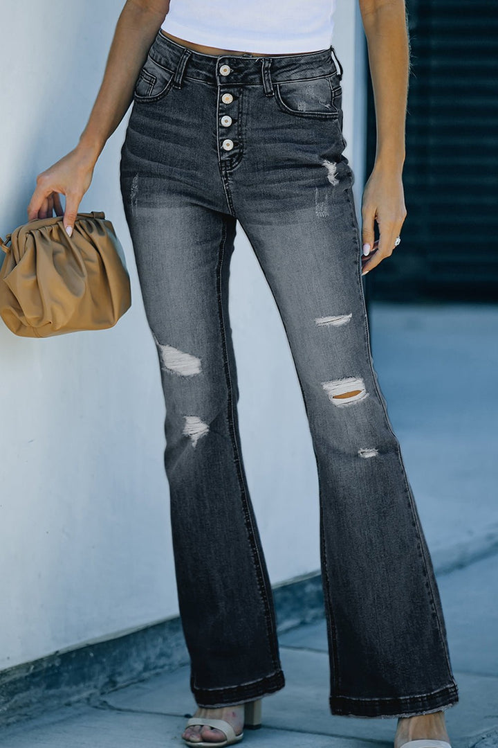 Distressed Button-Fly Flare Jeans - Jeans - FITGGINS