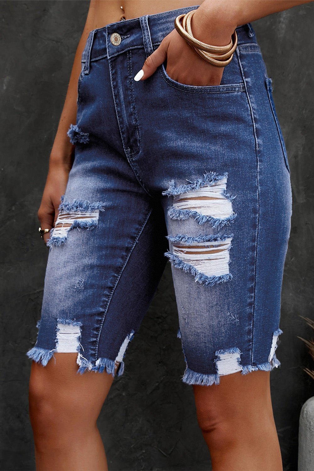 Distressed Frayed Hem Denim Bermuda Shorts - Denim Shorts - FITGGINS