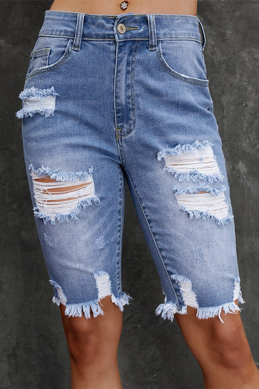 Distressed Frayed Hem Denim Bermuda Shorts - Denim Shorts - FITGGINS