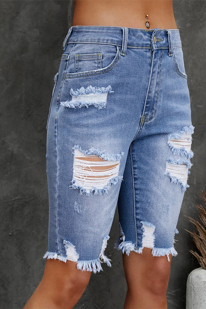 Distressed Frayed Hem Denim Bermuda Shorts - Denim Shorts - FITGGINS