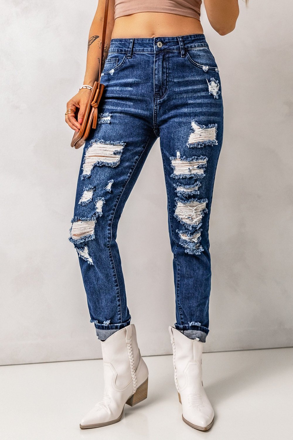 Distressed High Waist Jeans with Pockets - Jeans - FITGGINS