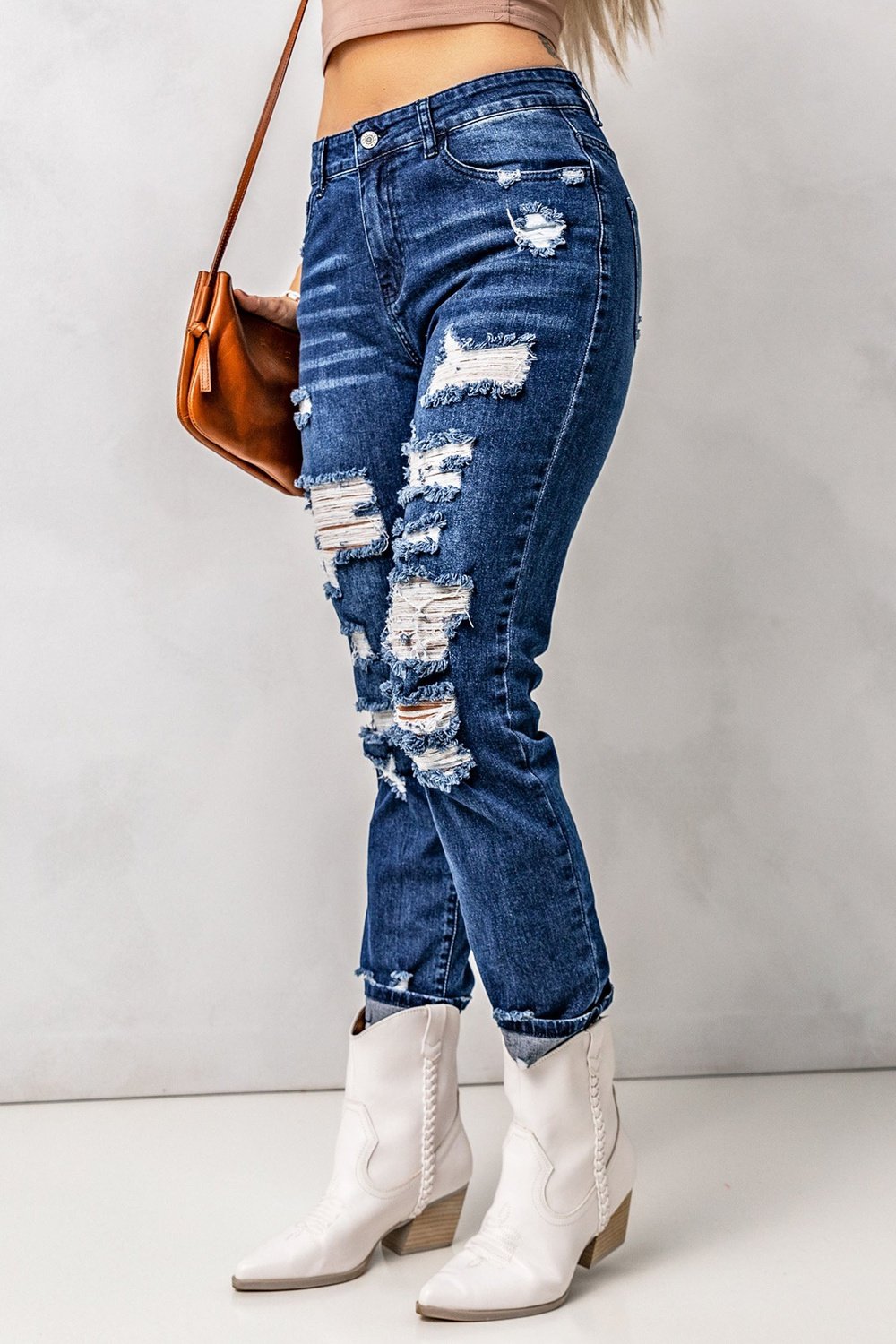 Distressed High Waist Jeans with Pockets - Jeans - FITGGINS