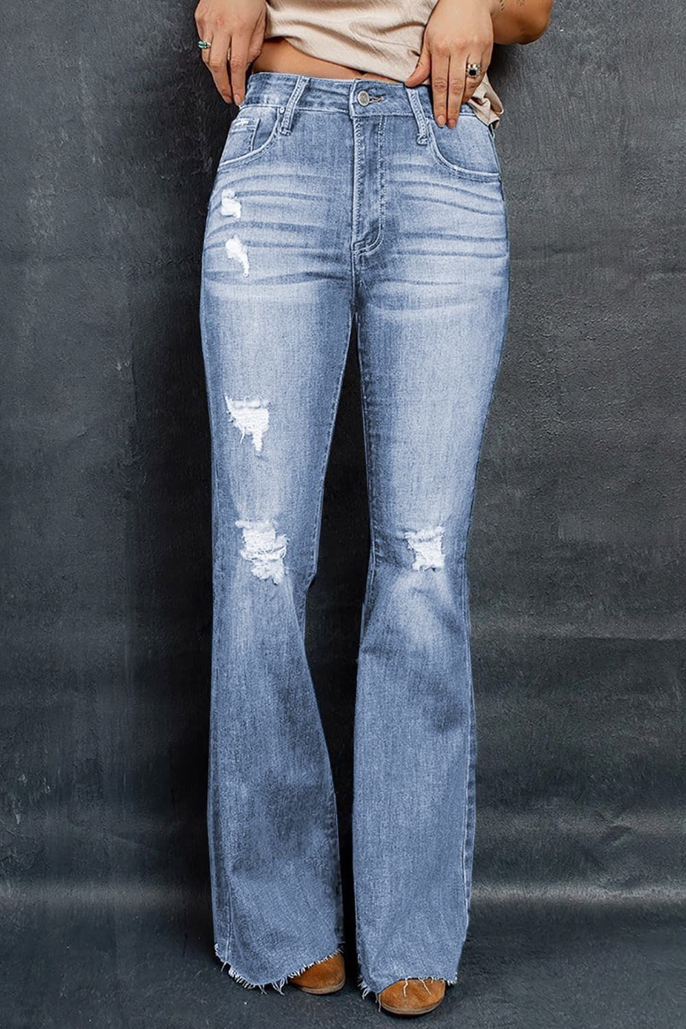Distressed Raw Hem Flare Jeans - Jeans - FITGGINS