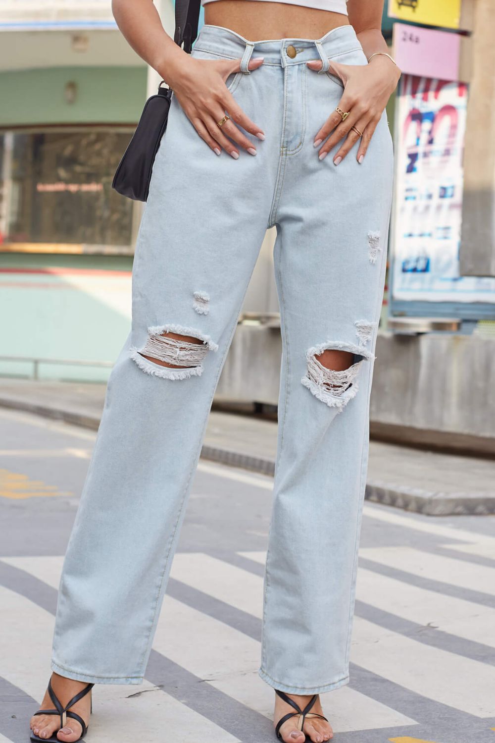 Distressed Straight Leg Jeans with Pockets - Jeans - FITGGINS