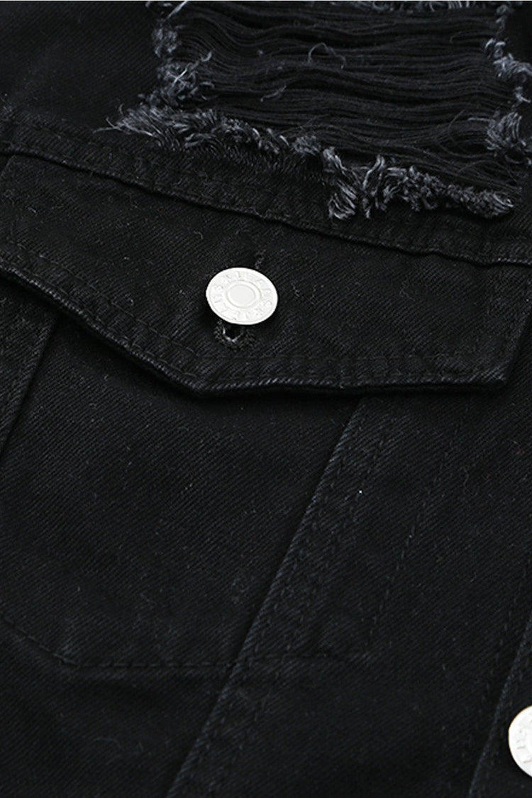 Distressed Button-Up Denim Jacket with Pockets - Jackets - FITGGINS