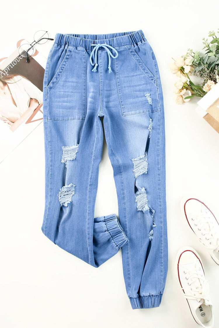 Distressed Denim Pocketed Joggers - Jeans - FITGGINS