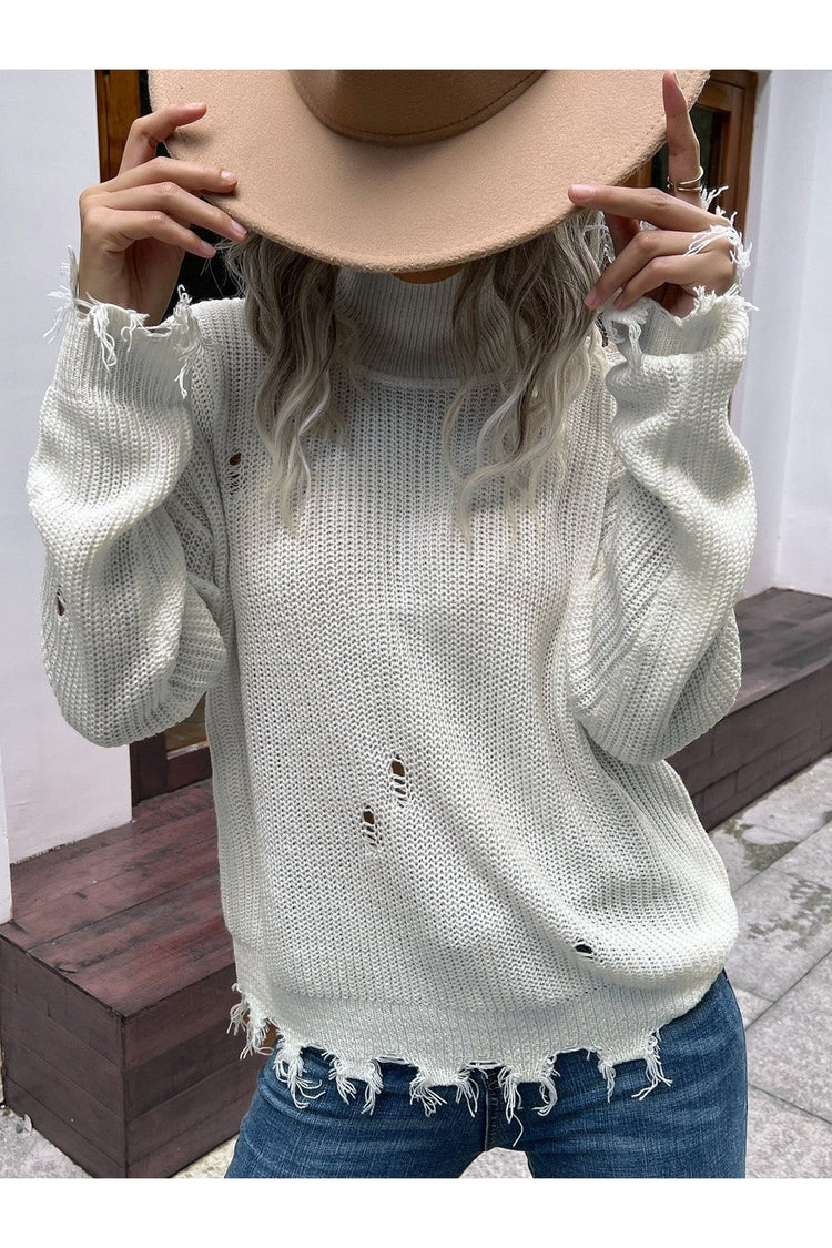 Distressed High Neck Cold-Shoulder Sweater - Pullover Sweaters - FITGGINS