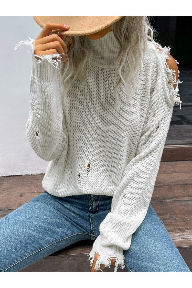 Distressed High Neck Cold-Shoulder Sweater - Pullover Sweaters - FITGGINS
