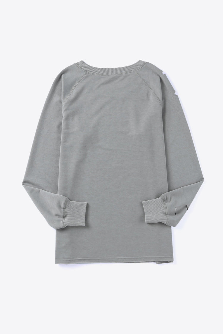 Distressed Long Raglan Sleeve Top - T-Shirts - FITGGINS